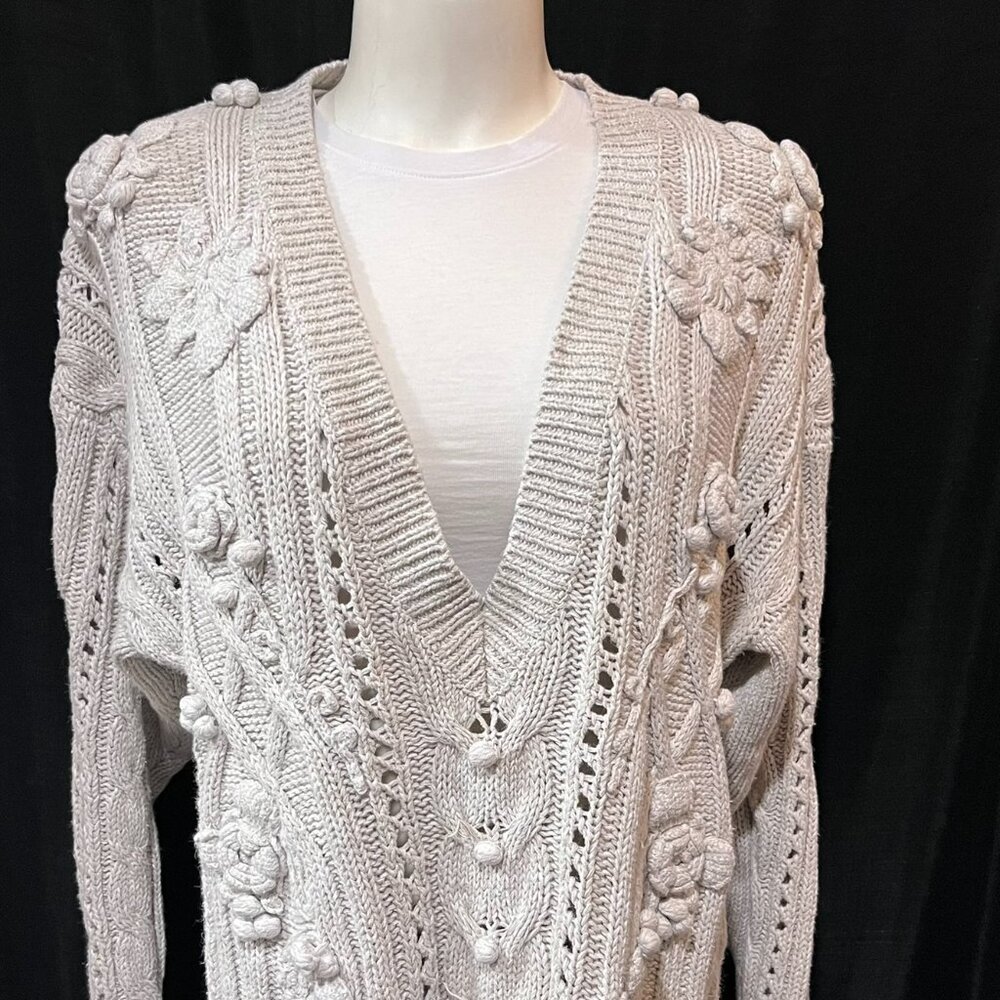 Vintage 80s Rebecca Stone Cable Knit Cardigan | Cream Floral Popcorn XL